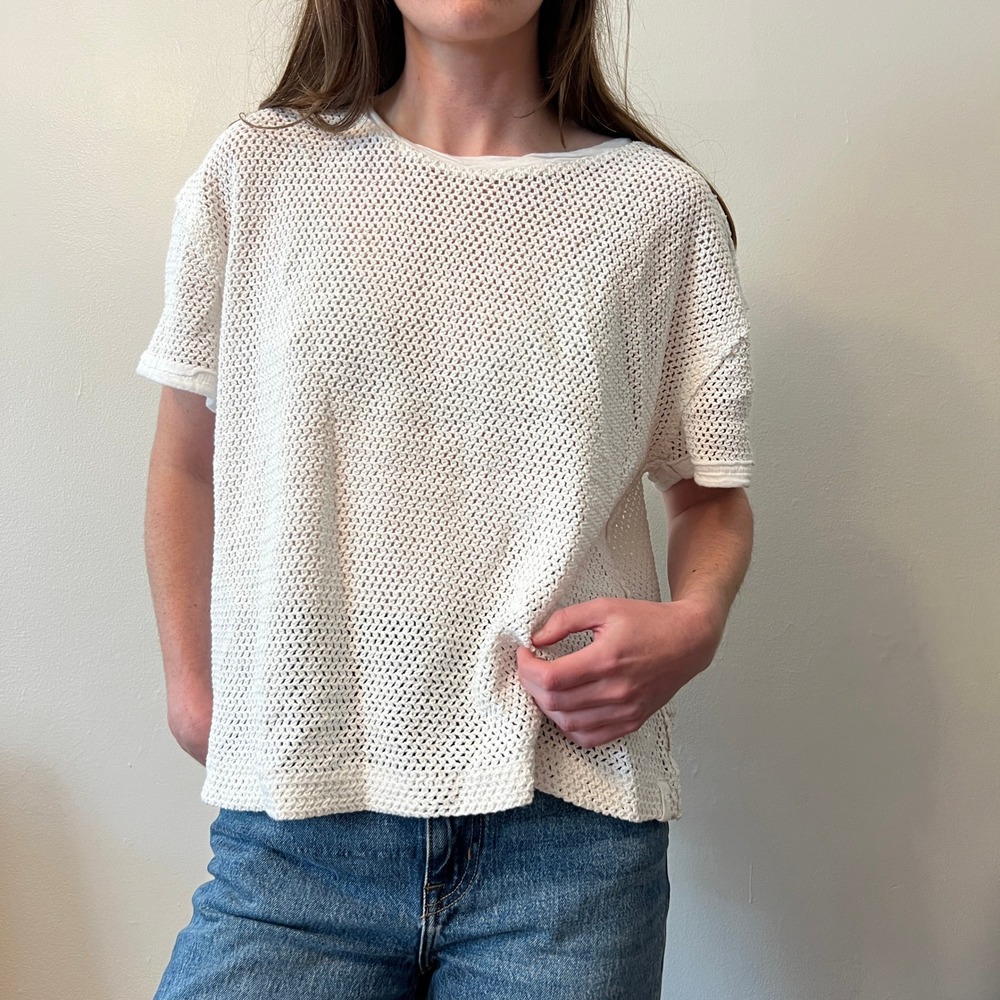 We The Free Free People White Open Knit Mesh Boxy T-Shirt Large Boho Relaxed Top